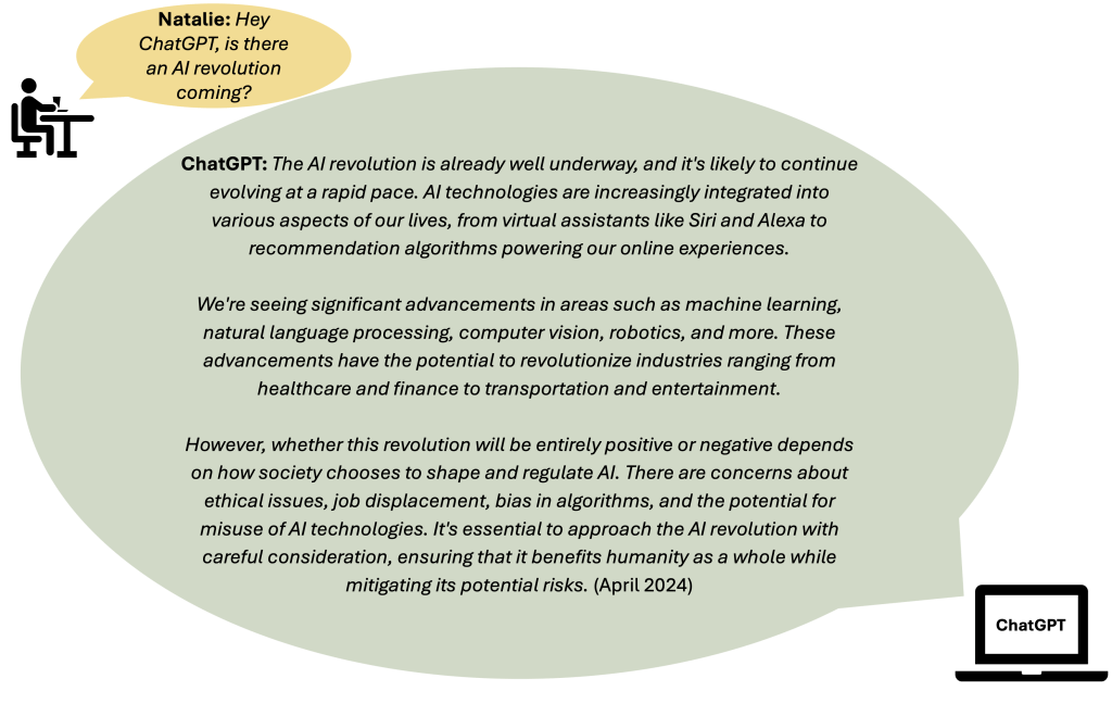 Speech bubbles depicting a person on a computer asking ChatGPT a question, and ChatGPT giving an answer